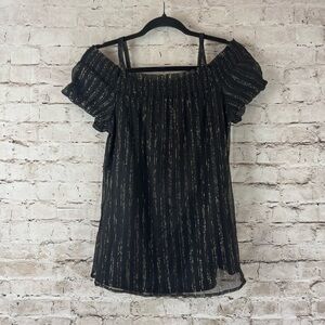 NWT Express Women's Small Black Gold Metallic Cold Shoulder Blouse Silk Sm S